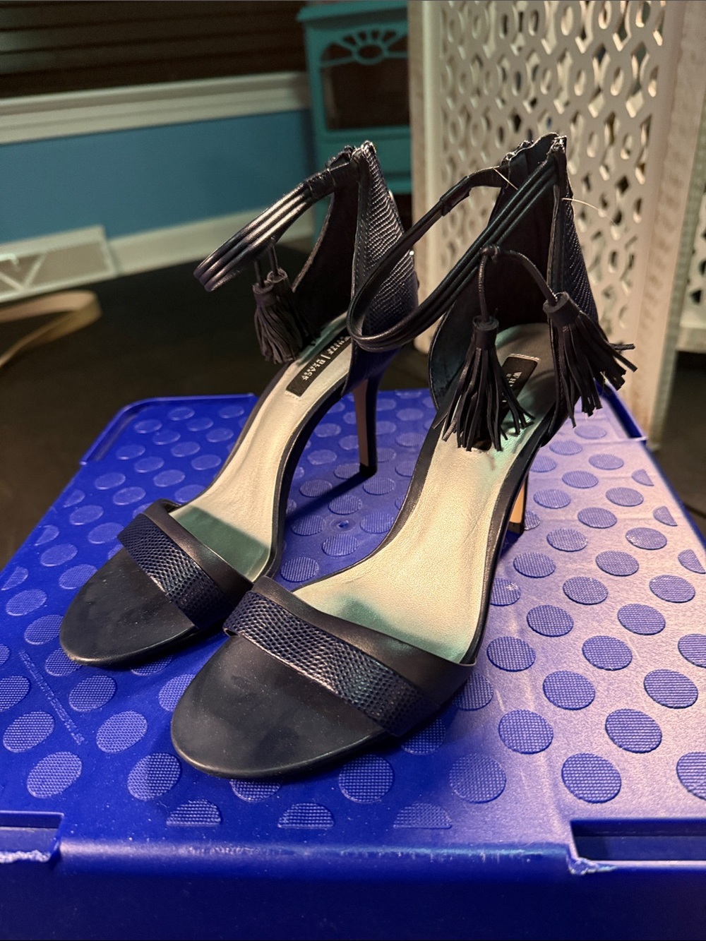 White House Black Market Navy Ankle-Tie Tassel High Heels